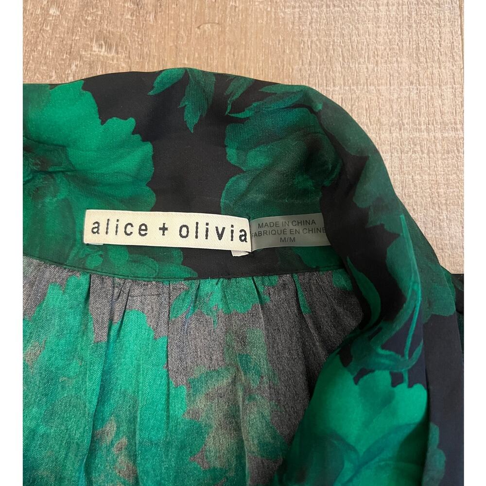 Alice + Olivia Black & Green Dark Floral Tie Front Blouse - Picture 2 of 7